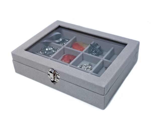 Schmucktablett Schmucklade Schmuckkästchen mit Glasdeckel grau mit 12 Fächer